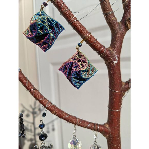 Color Changing Rainbow 3D Printed Warped Sierpinski Octahedron Earrings; fractal - Picture 7 of 8